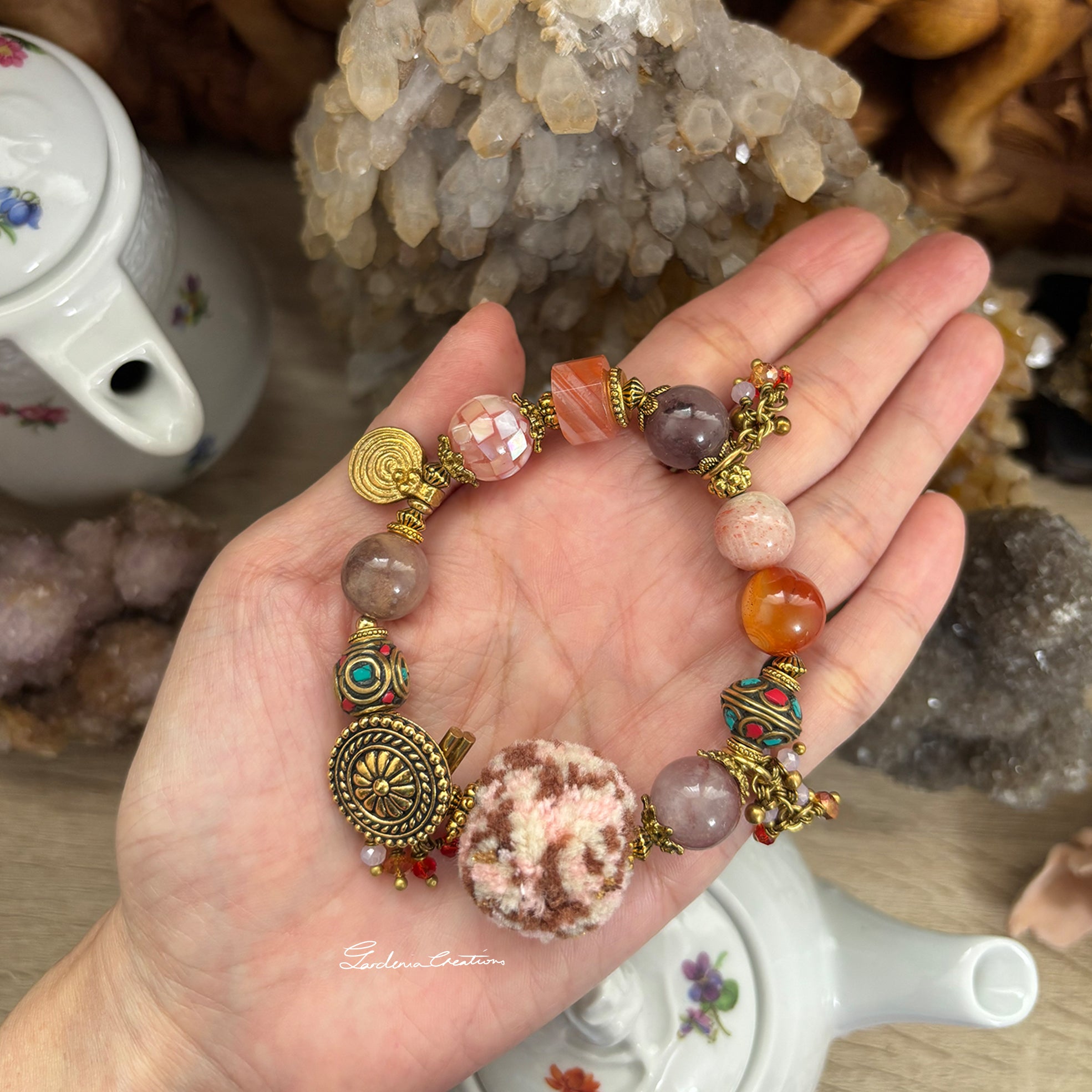 Bohemian style Nepalese charm mix crystals and PomPom bracelet