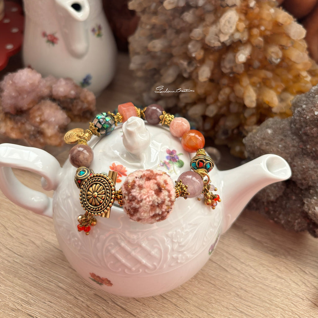 Bohemian style Nepalese charm mix crystals and PomPom bracelet