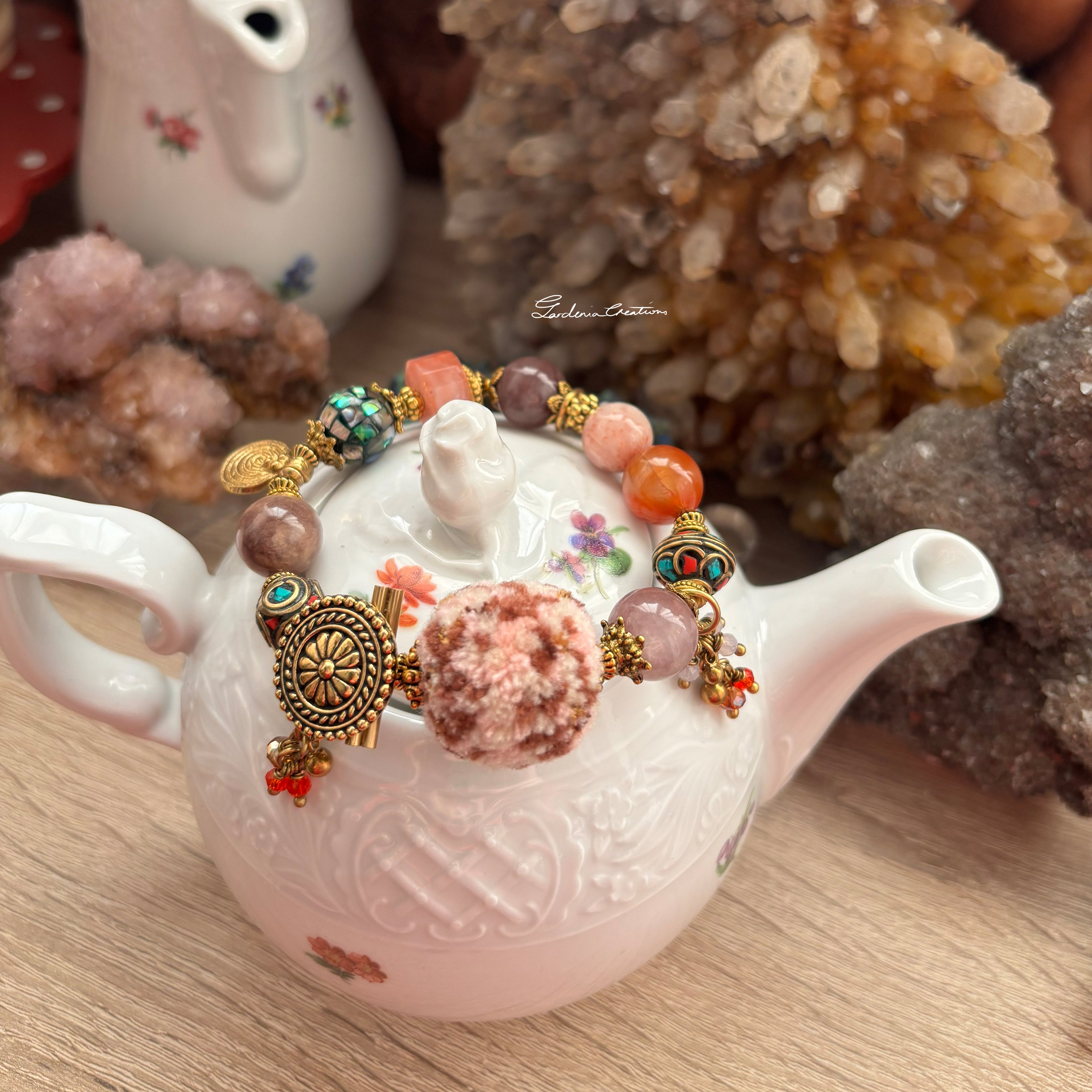 Bohemian style Nepalese charm mix crystals and PomPom bracelet