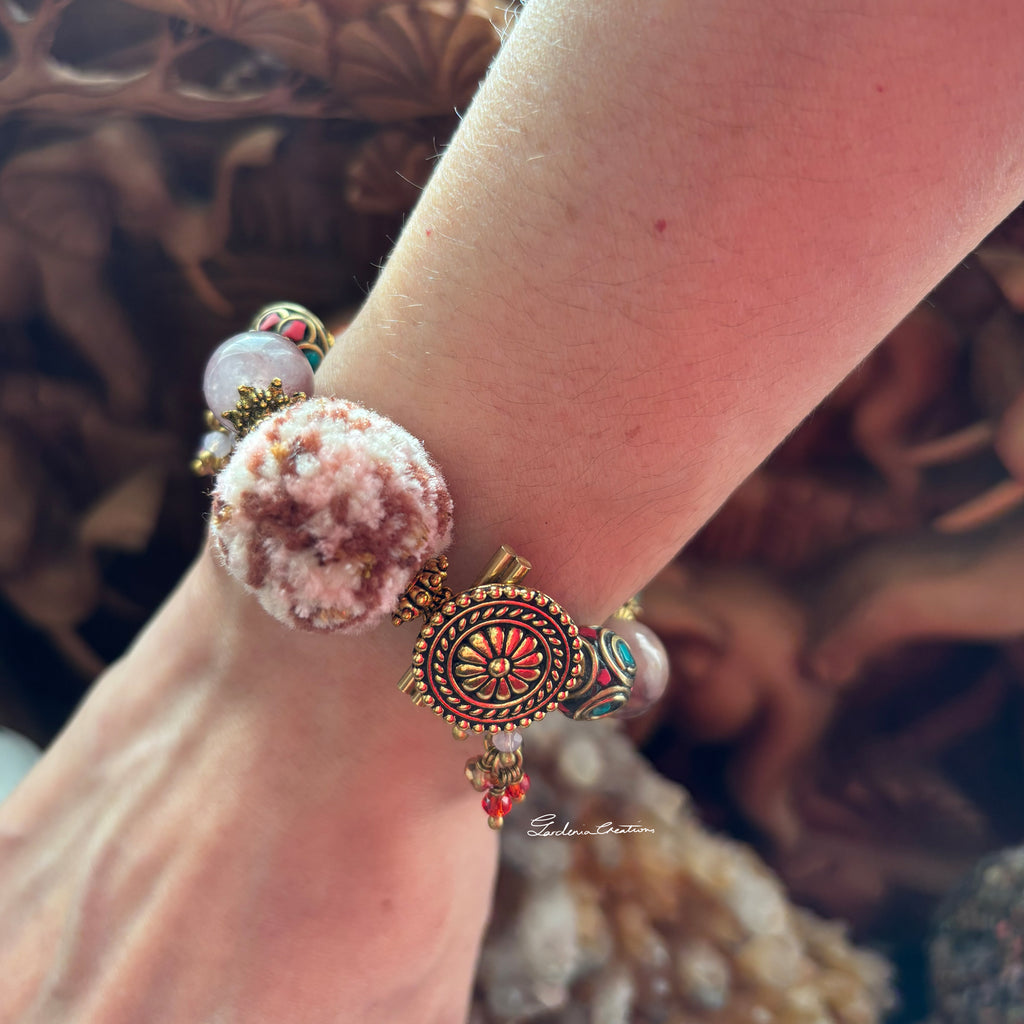 Bohemian style Nepalese charm mix crystals and PomPom bracelet