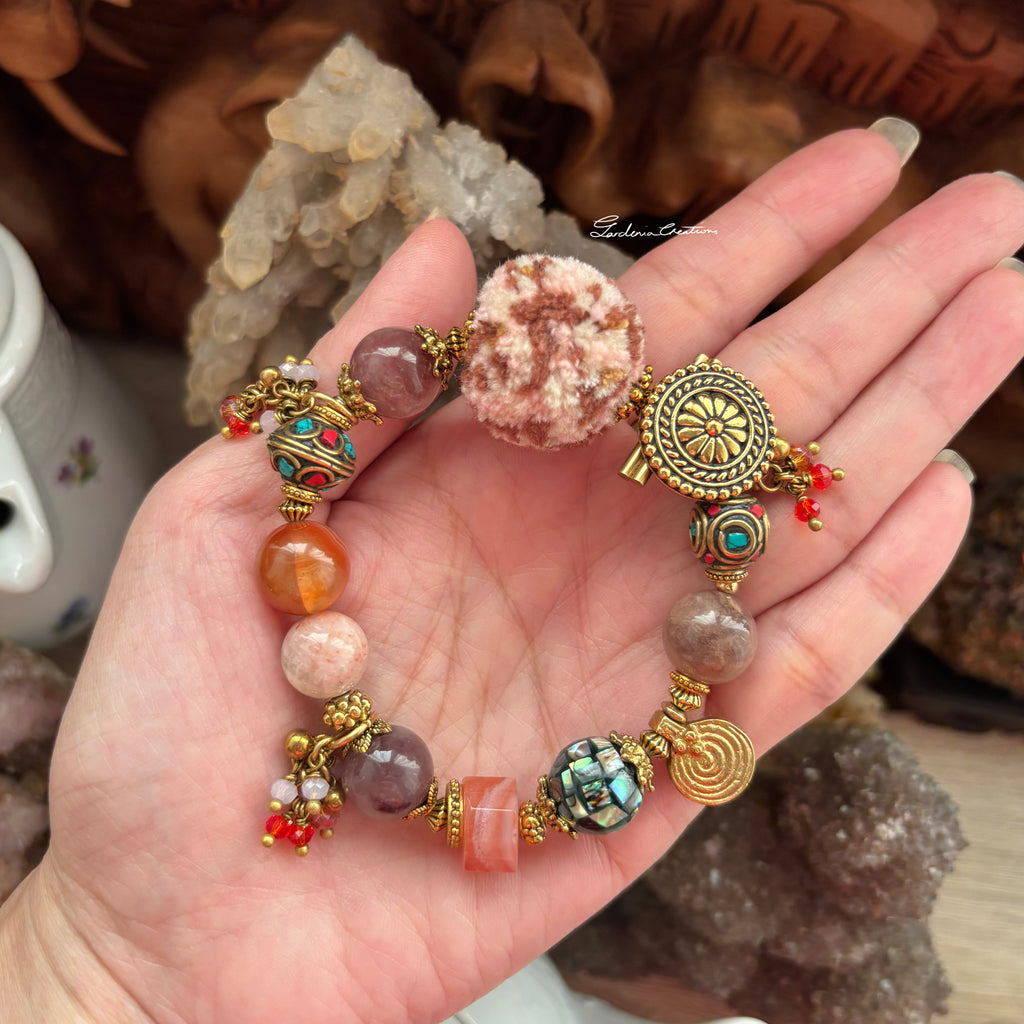 Bohemian style Nepalese charm mix crystals and PomPom bracelet