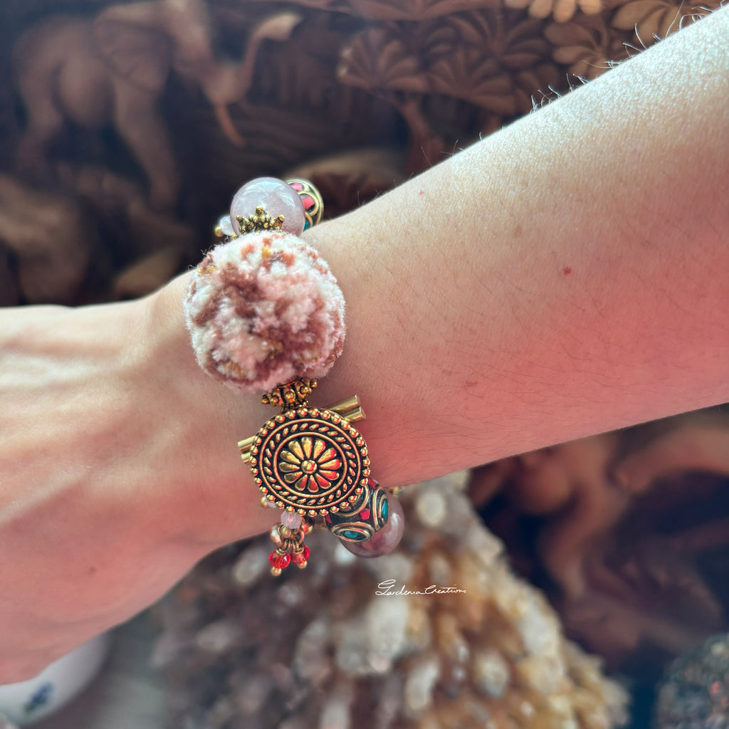 Bohemian style Nepalese charm mix crystals and PomPom bracelet