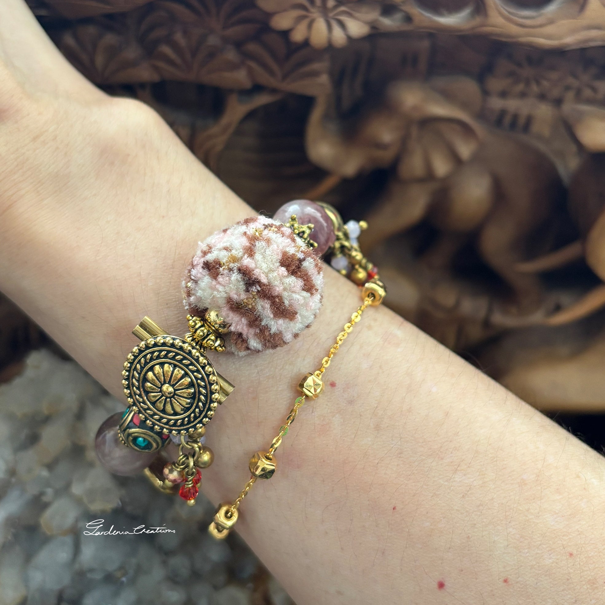 Bohemian style Nepalese charm mix crystals and PomPom bracelet