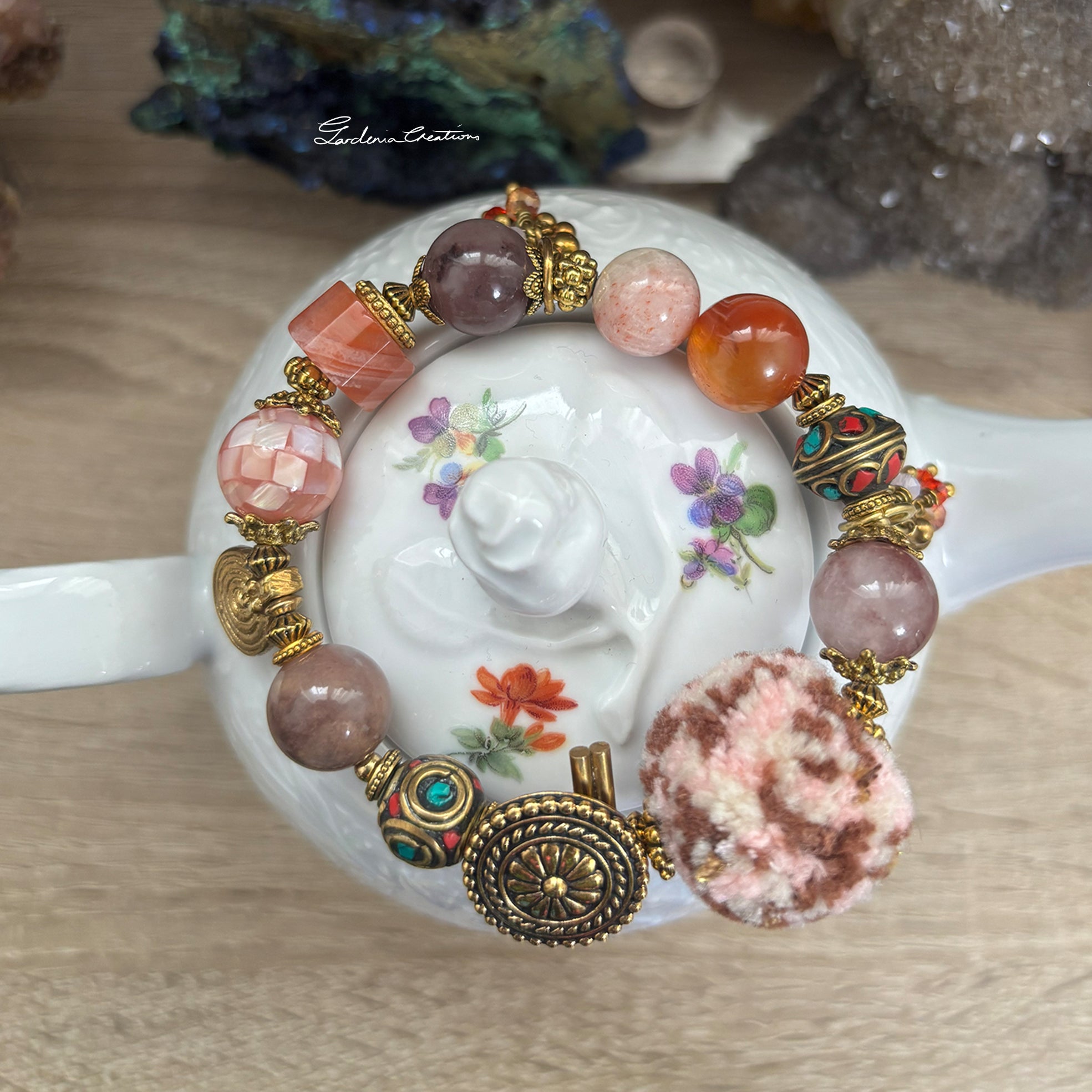 Bohemian style Nepalese charm mix crystals and PomPom bracelet