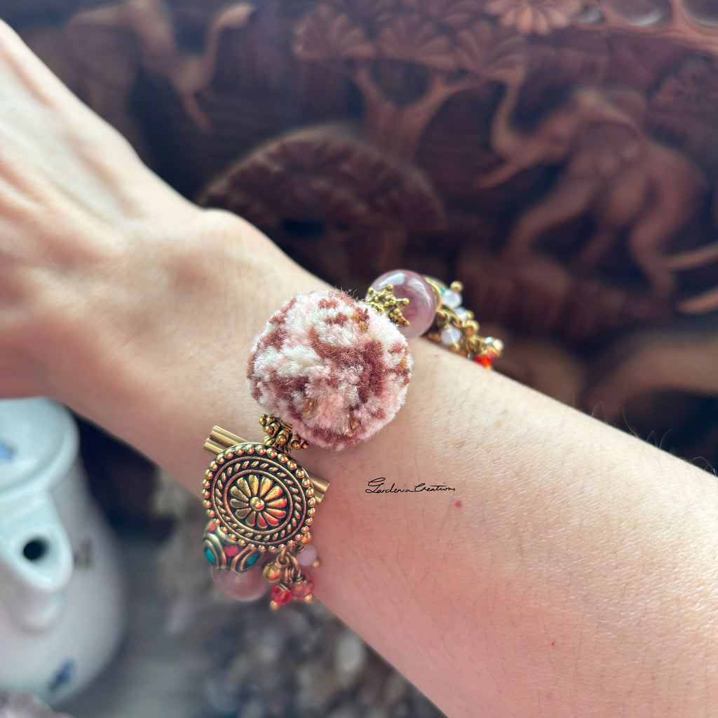 Bohemian style Nepalese charm mix crystals and PomPom bracelet