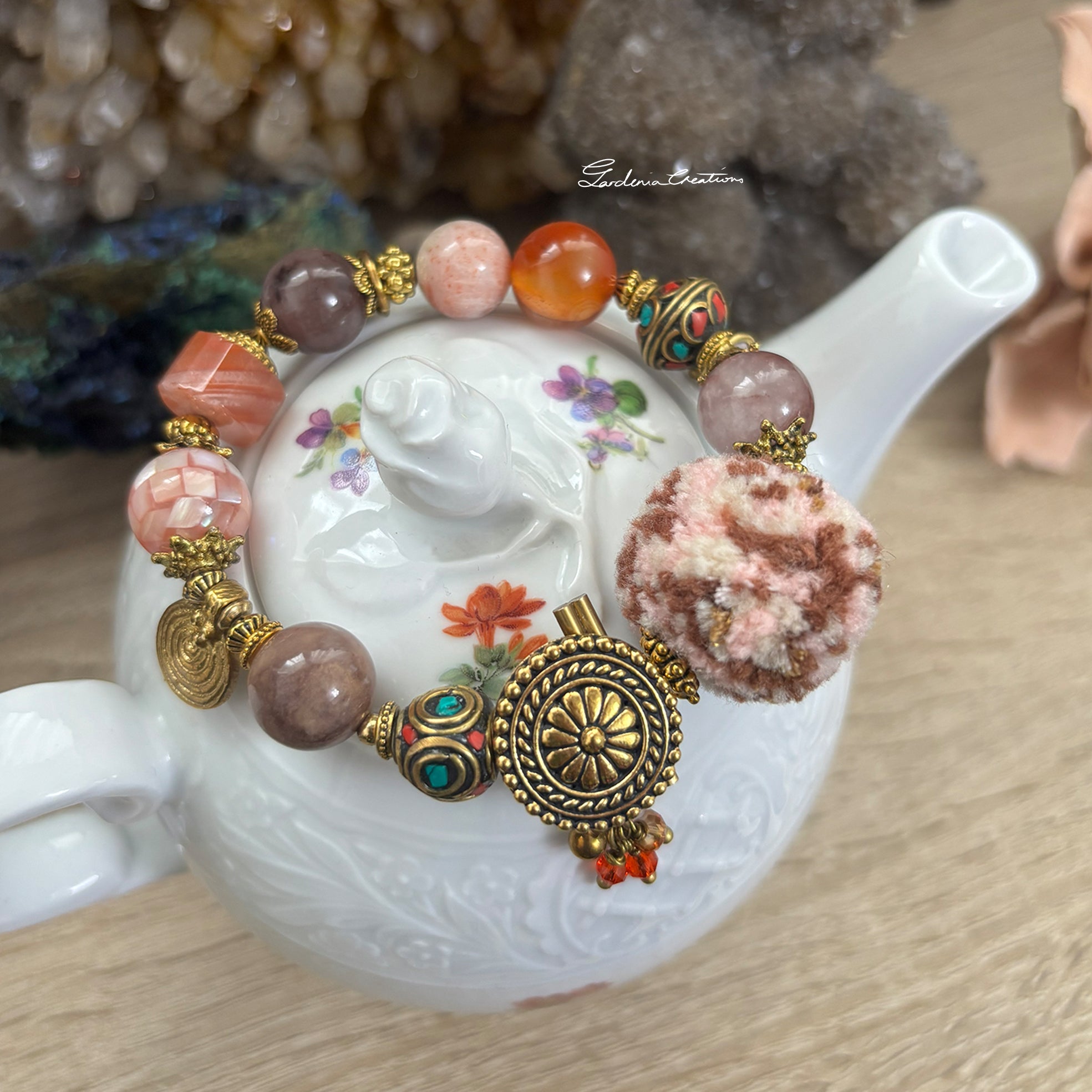 Bohemian style Nepalese charm mix crystals and PomPom bracelet