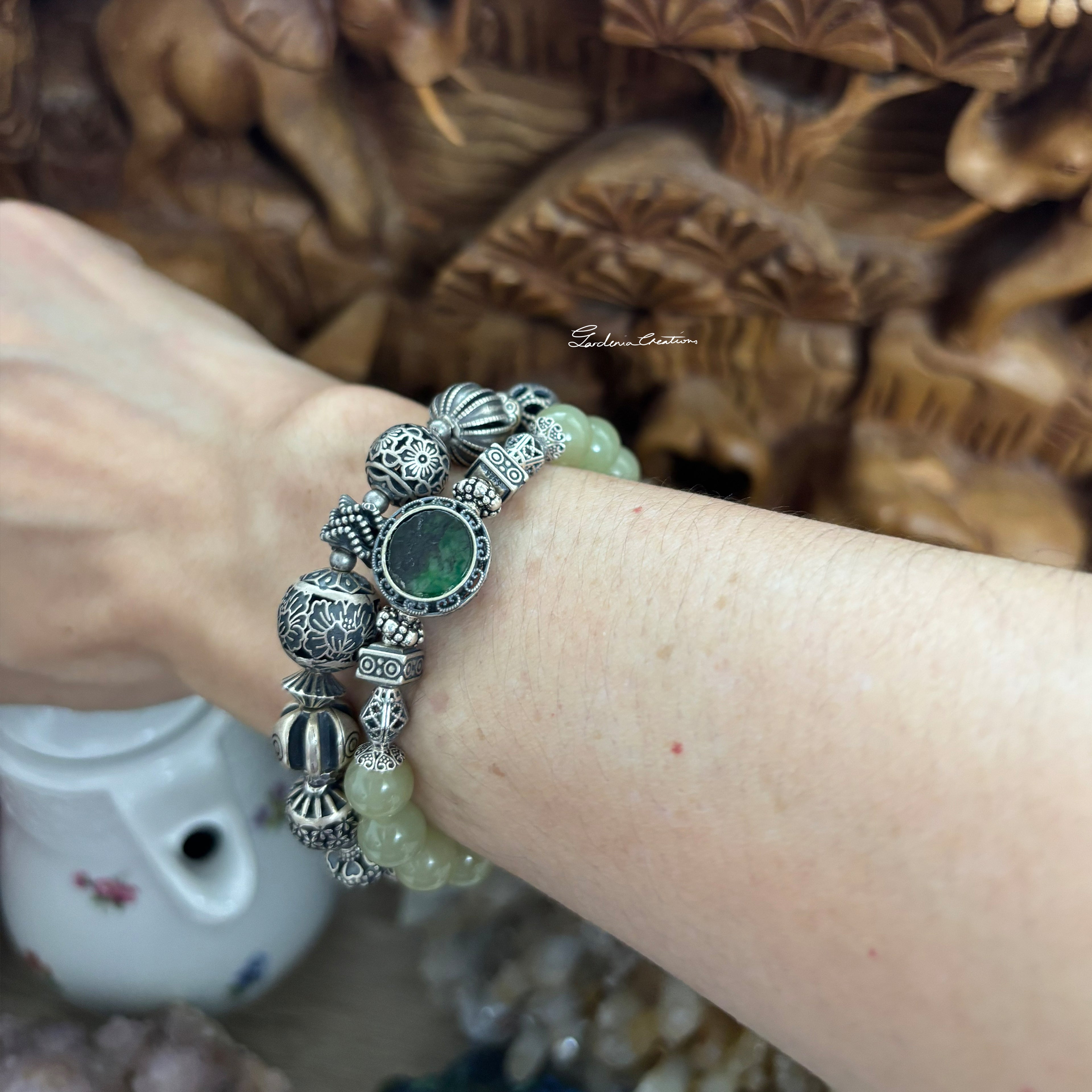 Bohemian style Hetian Jade with sterling silver bracelet