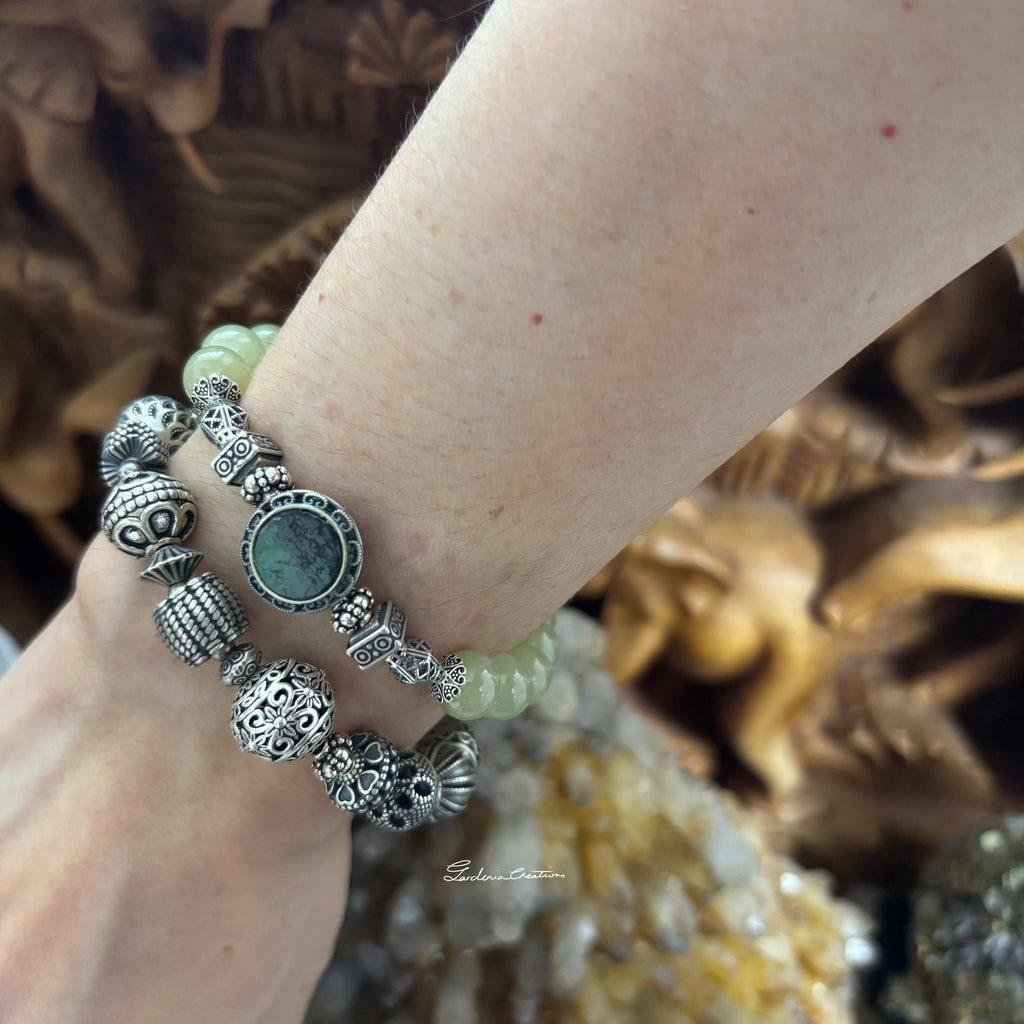 Bohemian style Hetian Jade with sterling silver bracelet