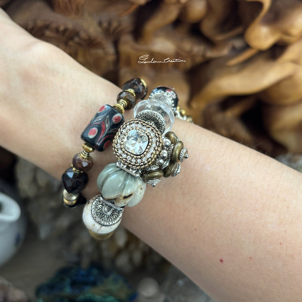 Bohemian black balancing crystal bracelet with pearl, tourmaline, smoky quartz, bronzite, hematite, obsidian