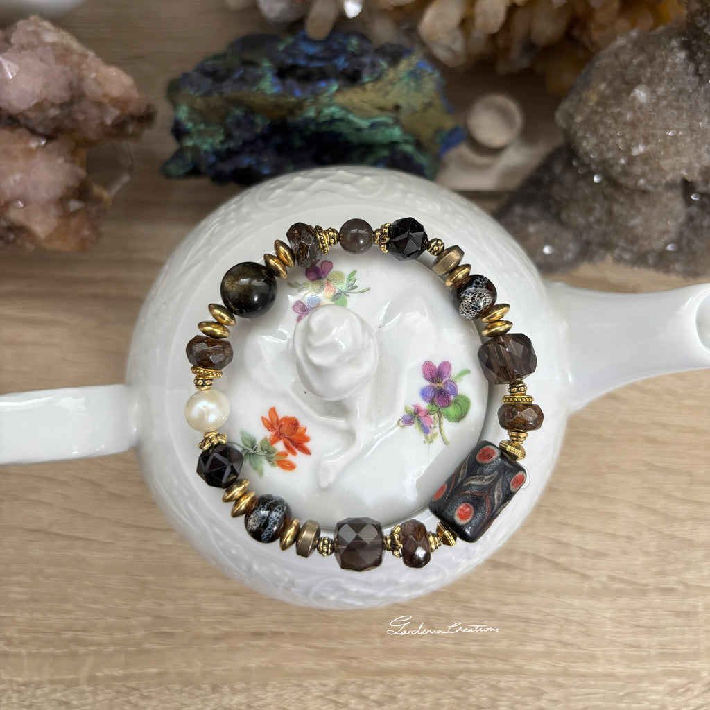 Bohemian black balancing crystal bracelet with pearl, tourmaline, smoky quartz, bronzite, hematite, obsidian