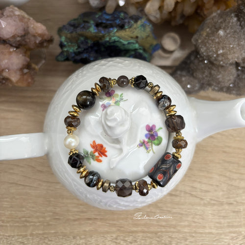 Bohemian black balancing crystal bracelet with pearl, tourmaline, smoky quartz, bronzite, hematite, obsidian