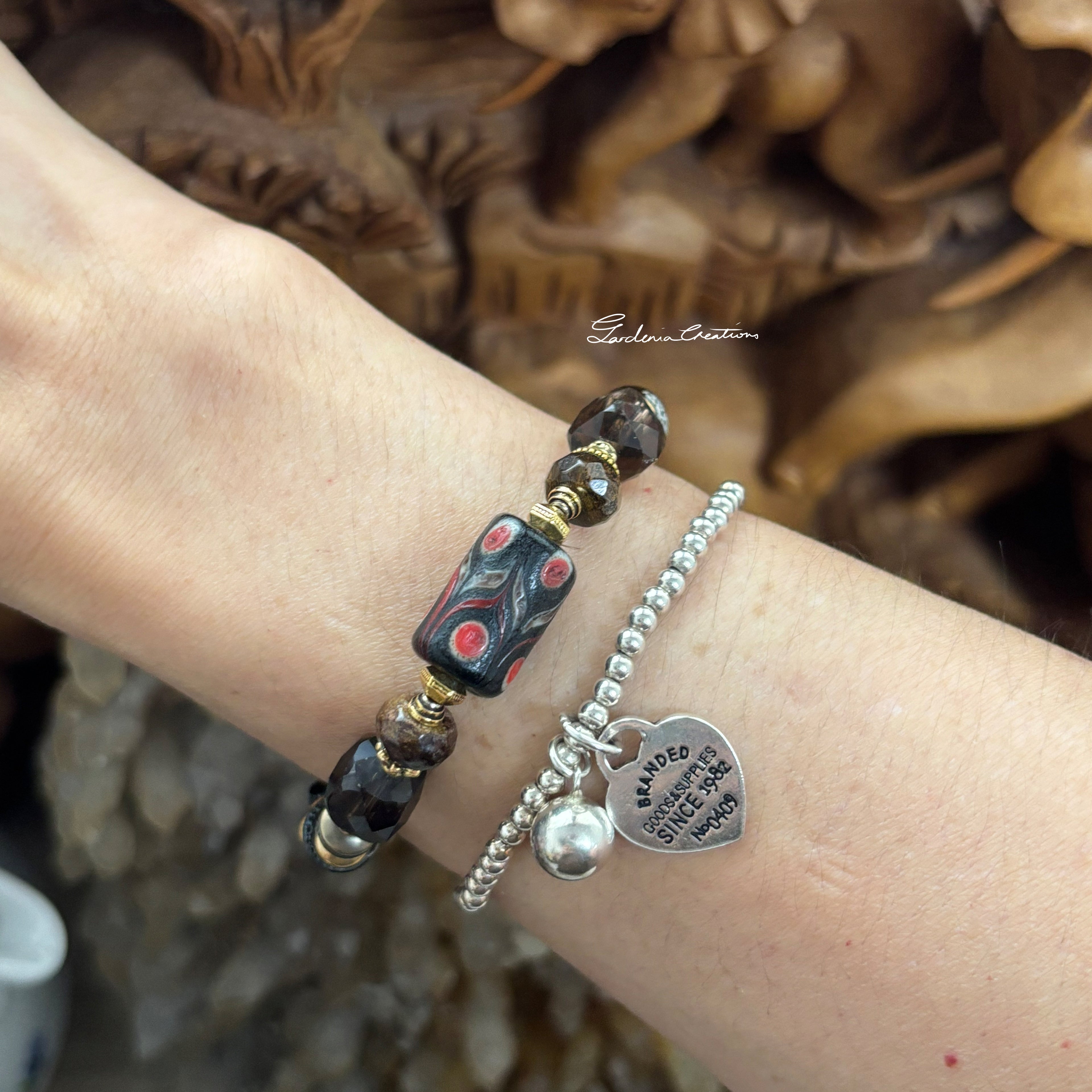 Bohemian black balancing crystal bracelet with pearl, tourmaline, smoky quartz, bronzite, hematite, obsidian