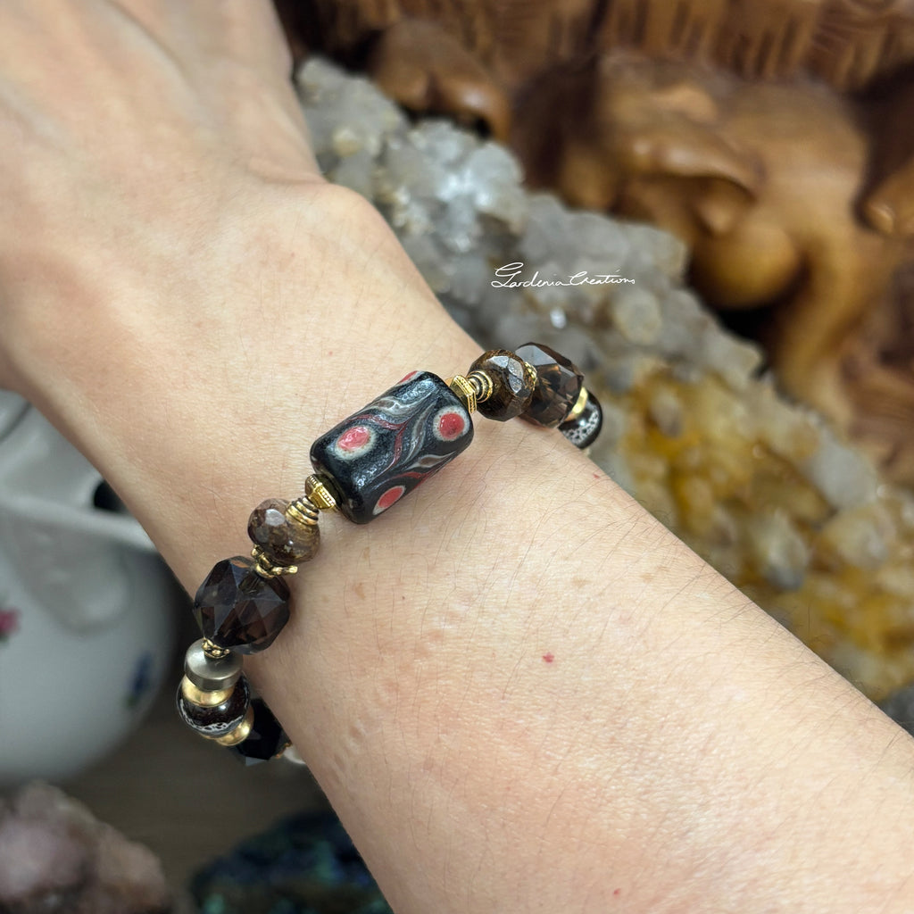 Bohemian black balancing crystal bracelet with pearl, tourmaline, smoky quartz, bronzite, hematite, obsidian