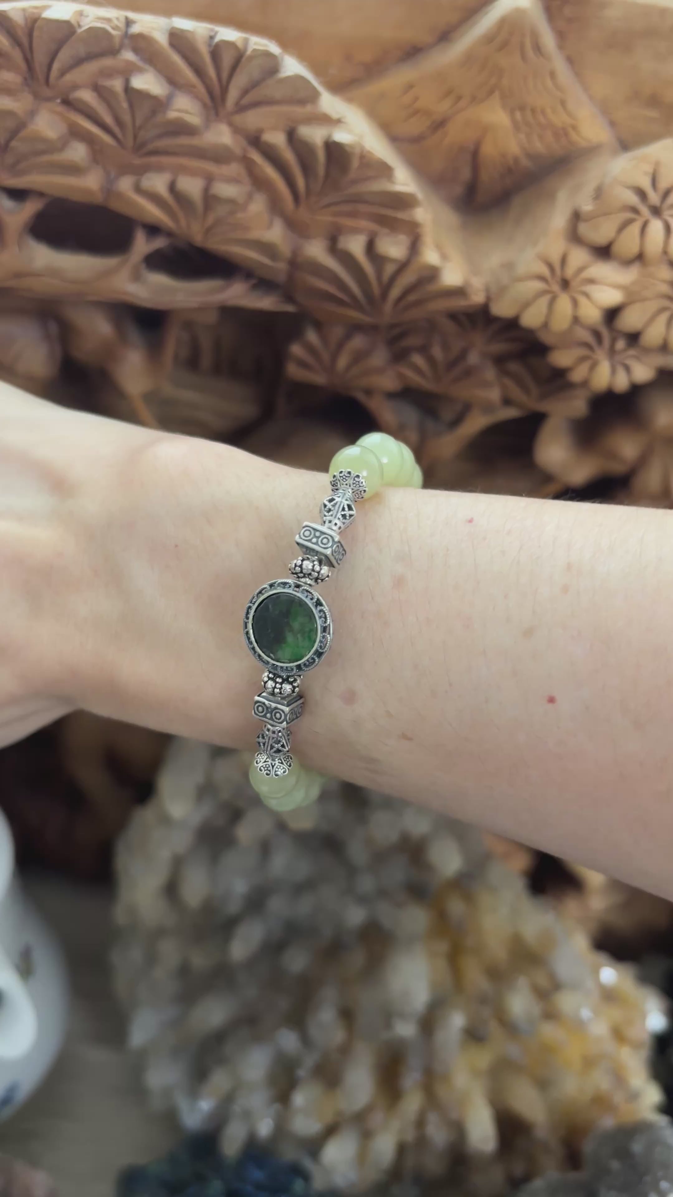 Bohemian style Hetian Jade with sterling silver bracelet