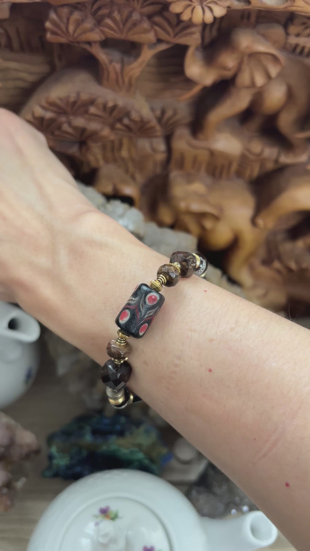 Bohemian black balancing crystal bracelet with pearl, tourmaline, smoky quartz, bronzite, hematite, obsidian
